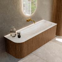 Mondiaz KURVE-DLUX 135 cm Onderkast Greeploos 1 Lade Met Deuren Walnut, Wastafel Solid Surface Rechts Ostra 0 Kraangaten Zonder Spiegel (KRVBGM135L1L1D0KR-Wal/Ost)
