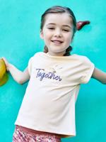 Meisjessportset met T-shirt en kuitbroek, met iriserend "sunrise"-patroon ecru