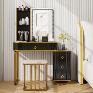 Kaptafel met Spiegel en Kruk Make-up Kaptafel met 7 Dynamische en 7 Statische Dimbare Ledlampen Zwart