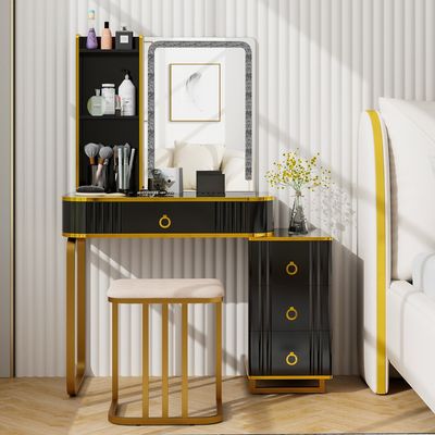 Kaptafel met Spiegel en Kruk Make-up Kaptafel met 7 Dynamische en 7 Statische Dimbare Ledlampen Zwart