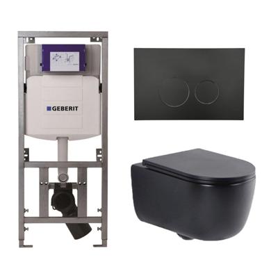 QeramiQ Dely Swirl Toiletset - 36.3x51.7cm - Geberit UP320 Burda inbouwreservoir - slim zitting - mat zwarte metalen bedieningsplaat - ronde knoppen - mat zwart 0701131/SW706192/SW1000768/SW1026258