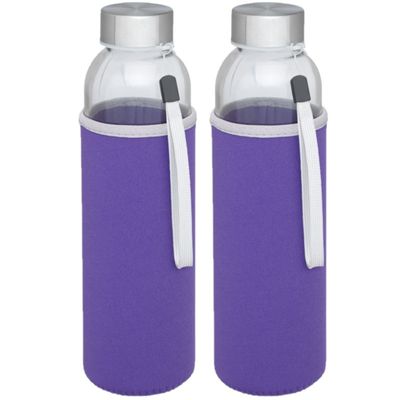 4x stuks glazen waterfles/drinkfles met paarse softshell bescherm hoes 500 ml 4x stuks glazen waterfles/drinkfles met paarse softshell bescherm hoes 500 ml