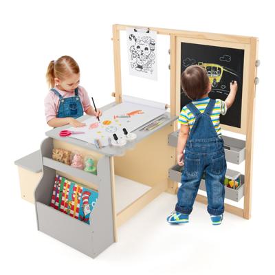2-In-1 Houten Kinderbureau met Bankje Dubbelzijdig Verstelbaar Kinderbord met Papierrol & 5 Krijtjes Magnetische Ezel