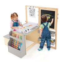 2-In-1 Houten Kinderbureau met Bankje Dubbelzijdig Verstelbaar Kinderbord met Papierrol & 5 Krijtjes Magnetische Ezel