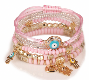 Kralen Armbanden Set met Roze en Goudkleurige Kralen - Hand van Fatima en boze oog bedels - Sieraden - Spiritueelboek.nl