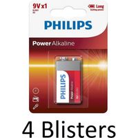 4 Stuks (4 Blisters a 1 st) Philips Power Alkaline batterij 9V - thumbnail