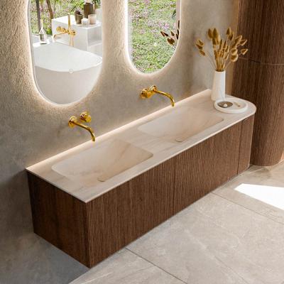 Badmeubel Mondiaz Kurve-Dlux | 155 cm | Meubelkleur Walnut | Wastafelkleur Meli | Solid surface | Dubbel / Links spoelbak | Zonder kraangat(en)