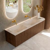 Badmeubel Mondiaz Kurve-Dlux | 155 cm | Meubelkleur Walnut | Wastafelkleur Meli | Solid surface | Dubbel / Links spoelbak | Zonder kraangat(en)