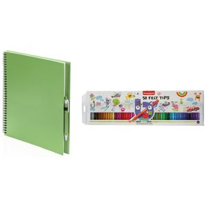 Schetsboek/tekenboek groen met 50 viltstiften   -