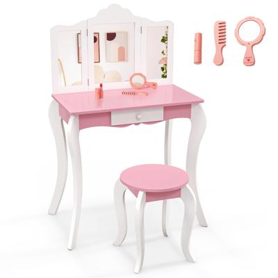 Kinderkaptafelset voor 3-7 Jaar met 3-Delige Opvouwbare Acrylspiegel Lade en Accessoires Kaptafelset en Houten Kruk met Anti-Kantelset