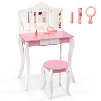 Kinderkaptafelset voor 3-7 Jaar met 3-Delige Opvouwbare Acrylspiegel Lade en Accessoires Kaptafelset en Houten Kruk met Anti-Kantelset
