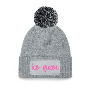 Wintersport muts met pompom - Ice Queen - grijs - roze glitters - one size - volwassenen - Apres ski