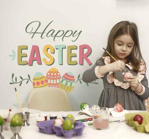 Sticker tekst Happy Easter met paaseieren
