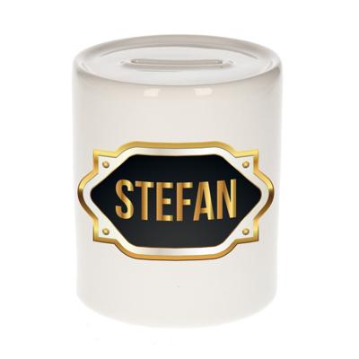Spaarpot met voornaam Stefan - wit - goud/zwart embleem - 8 x 9 cm - keramiek - afsluitdop