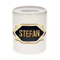 Spaarpot met voornaam Stefan - wit - goud/zwart embleem - 8 x 9 cm - keramiek - afsluitdop