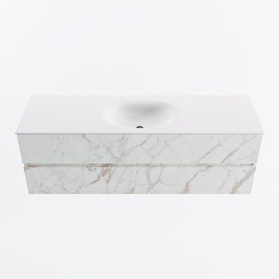 MONDIAZ VICA 150cm badmeubel onderkast Carrara 2 lades. Wastafel MOON midden zonder kraangat, kleur Talc.