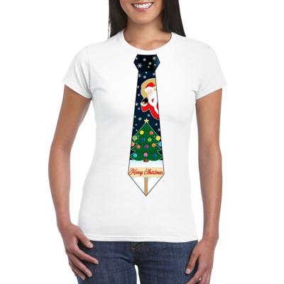 Fout kersttrui t-shirt - wit - met kerstboom stropdas - voor dames Fout kersttrui t-shirt - wit - met kerstboom stropdas - voor dames