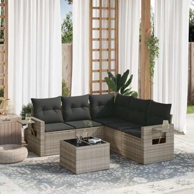 6-delige Loungeset met kussens poly rattan lichtgrijs