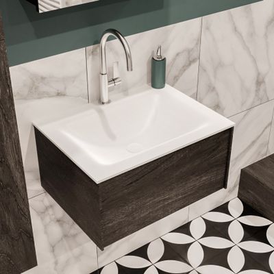 Mondiaz Lush Cloud badmeubel eiken Dark brown 60 cm 1 lade solid surface enkele spoelbak midden 1 kraangat