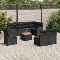 9-delige Loungeset met kussens poly rattan zwart