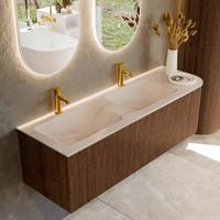 Badmeubel Mondiaz Kurve-Dlux | 145 cm | Meubelkleur Walnut | Wastafelkleur Meli | Solid surface | Dubbel / Links spoelbak | 2 kraangaten