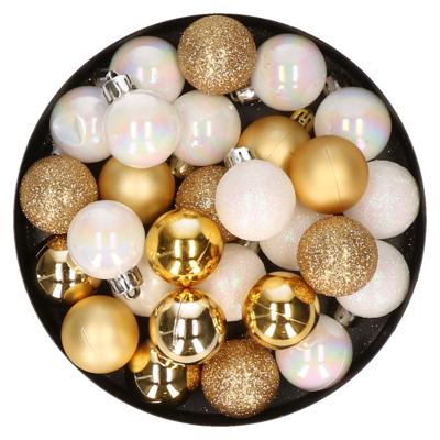 Decoris Mini kerstballen - 28x - parelmoer wit en goud - D3cm - kunststof - kleine balletjes Decoris Mini kerstballen - 28x - parelmoer wit en goud - D3cm - kunststof - kleine balletjes
