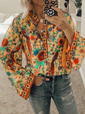 Cotton-Blend Floral-Print V Neck Sweet Shirt