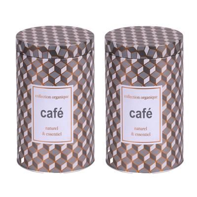 Koffie bewaarblik - 2x - metaal - retro print - 11 x 18 cm - cups/bonen/filterkoffie