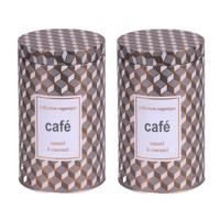 Koffie bewaarblik - 2x - metaal - retro print - 11 x 18 cm - cups/bonen/filterkoffie