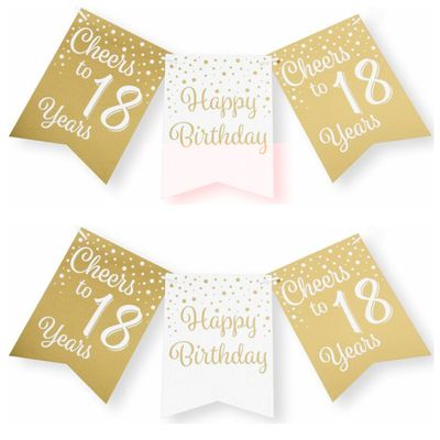 Verjaardag vlaggenlijn 18 jaar - 2x - binnen - karton - wit/goud - 600 cm