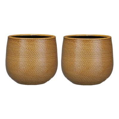 Mica Decorations Bloempot - Set van 2x stuks - okergeel - relief - keramiek - 21 cm