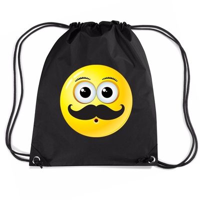 Nylon emoticon smile snor rugzak zwart met rijgkoord