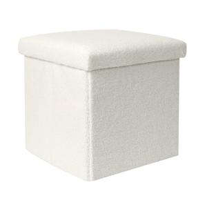 Poef/hocker opvouwbaar - bouclé stof - opbergbox - wit - polyester/mdf - 38 x 38 cm
