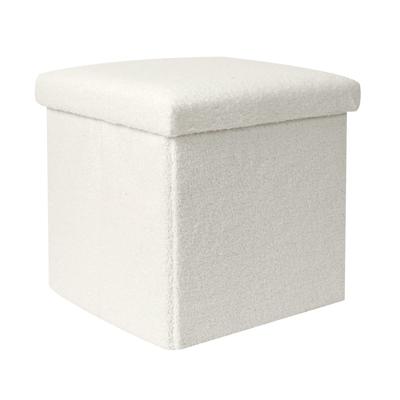 Poef/hocker opvouwbaar - bouclé stof - opbergbox - wit - polyester/mdf - 38 x 38 cm