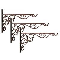 Esschert Design Muurhaak met sierkrullen - 3x stuks - bruin - voor plantenpotten - gietijzer - 35 x
