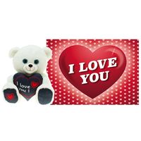 Pluche knuffel Valentijn I Love You beertje 30cm met hartjes wenskaart - thumbnail