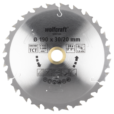 Wolfcraft Handcirkelzaagblad | Voor accu-handcirkelzagen | HM | Ø190 x 30/20mm | 1 stuk - 6347000