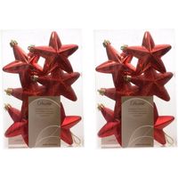 12x Kunststof sterren kerstballen glans/mat/glitter kerstrood 7 cm kerstboom versiering/decoratie - Kersthangers