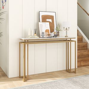 Gouden Consoletafel Moderne 120 cm Consoletafel Imitatie Marmeren Blad Geometrisch Metalen Frame Bijzettafel voor Bank Anti-Kantel Kit