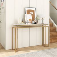 Gouden Consoletafel Moderne 120 cm Consoletafel Imitatie Marmeren Blad Geometrisch Metalen Frame Bijzettafel voor Bank Anti-Kantel Kit