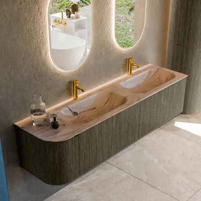 Badmeubel Mondiaz Kurve-Dlux | 175 cm | Meubelkleur Shadow | Wastafelkleur Arena | Solid surface | Dubbel / Rechts spoelbak | 2 kraangaten