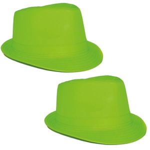 2x stuks neon groen trilby carnaval verkleed hoedje