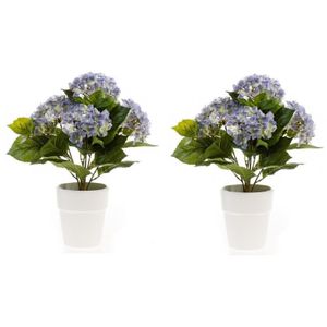 2x Kunstplant Hortensia blauw in witte pot 37 cm