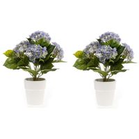 2x Kunstplant Hortensia blauw in witte pot 37 cm - thumbnail