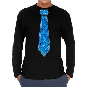 Verkleed shirt voor heren - stropdas pailletten blauw - zwart - carnaval - foute party - longsleeve