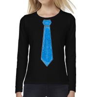 Verkleed shirt voor dames - stropdas blauw - zwart - carnaval - foute party - longsleeve
