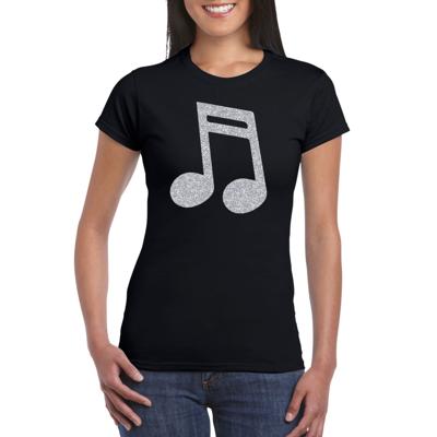 Verkleed t-shirt voor dames - zwart - glitter opdruk - zilver - muzieknoot - themafeest Verkleed t-shirt voor dames - zwart - glitter opdruk - zilver - muzieknoot - themafeest