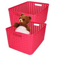 Opbergmand - 2x - Kastmand - rotan kunststof - fuchsia roze - 18 Liter - 29 x 39 x 20 cm