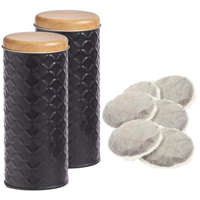 Bewaarblik voor koffiepads - 2x - zwart - metaal - 7,5 x 18 cm - 680 ml - voorraadpot