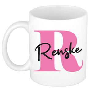 Naam mok Renske - roze - wit - keramiek - 300 ml - verjaardag/cadeau beker